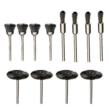 12 Pcs. Steel Wire Brush Set for Rust Removal and Polishing - 3mm Shank