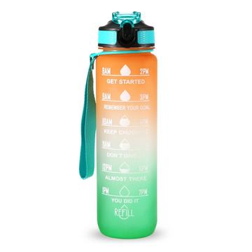 Sportovní láhev na vodu o objemu 1 l s časomírou Džbán na vodu Nepropustná konvice na pití pro kancelář, školu, kempování (BPA Free) - oranžová/zelená