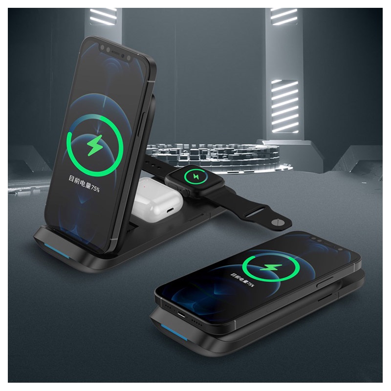 Skládací bezdrátová nabíjecí stanice 3 v 1 HSV8černá