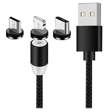 Magnetický Kabel LED 3 v 1 - Lightning, USB-C, MicroUSB - 1m - Černý