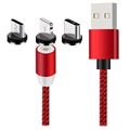 Magnetický Kabel LED 3 v 1 - Lightning, USB-C, MicroUSB - 1m - Červené