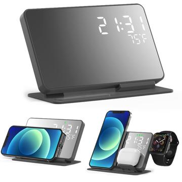 Budík 4 v 1 LED s digitálním displejem teploty 15W bezdrátová nabíječka Qi Fast Charging Stand pro iPhone Android iWatch AirPods