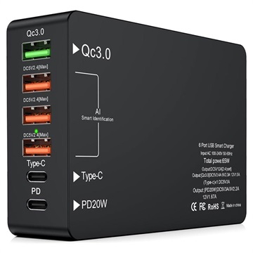 6 -port rychlá nabíječka s USB -C PD & QC3.0 - 65W - Černá