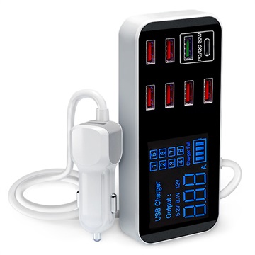 Nabíječka automobilů s 9-portem s LCD displejem WLX-A9S+-7XUSB, QC3.0 USB, PD USB-C-40W
