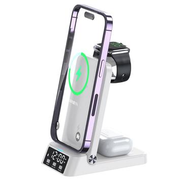 A60 4 v 1 15W bezdrátová nabíječka Skládací nabíjecí stojánek pro mobilní telefon Sluchátka pro chytré hodinky Nabíjecí stanice s hodinami (pro verzi Apple Watch) - bílá