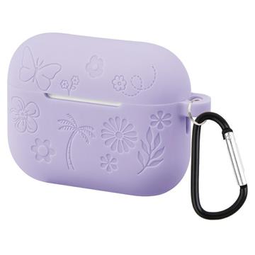 AirPods Pro 3 Flower Pattern Liquid Silicone Case w. Carabiner - Light Purple