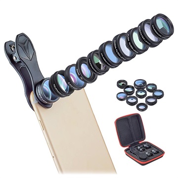 Apexel 10-in-1 Universal Clip-on Camera Lens Kit-černá