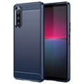 Sony Xperia 10 V Pouzdro z Broušeného TPU - Uhlíkové Vlákno - Modrý