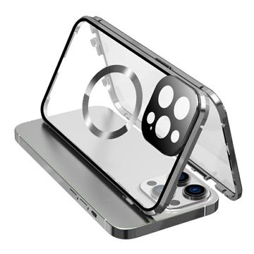Kompatibilní s MagSafe pouzdrem pro iPhone 15 Pro Magnetický kovový rámeček + oboustranný kryt telefonu z tvrzeného skla se zámkem na přezku - stříbrný