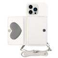 Heart Series iPhone 14 Pro Max Pouzdro s Peněženkou a Popruhem - Bílý