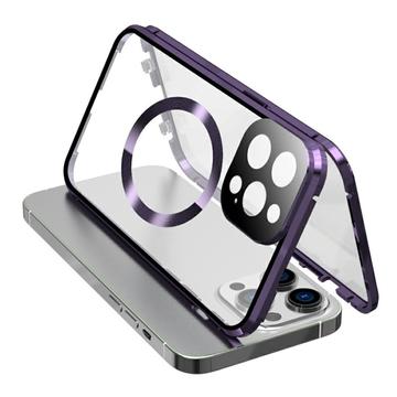 Oboustranné pouzdro s tvrzeným sklem a magnetickým kovovým rámečkem proti pádu pro iPhone 15 kompatibilní s krytem telefonu MagSafe se zámkem na přezku - fialové