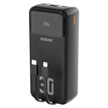 Dudao K15MAX 30000mAh Power Bank- 22.5W PD & QC Fast-Charge, Built-in USB-C and Lightning Cables - Black