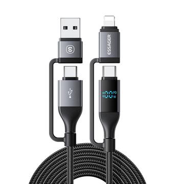 Essager 4-in-1 100W Fast-Charge Cable with Power Display - 2m - Black