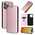 iPhone 15 Pro Flip Pouzdro - Uhlíkové Vlákno - Růžové zlato