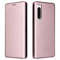 Sony Xperia 10 V Flip Pouzdro - Uhlíkové Vlákno - Růžové Zlato