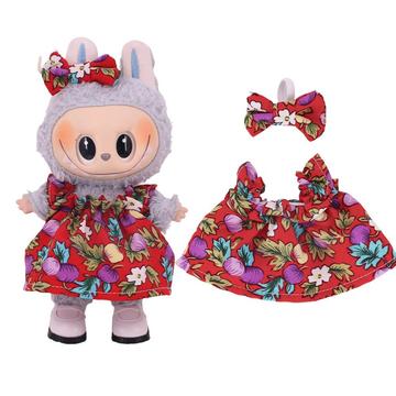 Floral Party Dress & Bowknot Headband for Labubu Mini Figure 17cm - Red