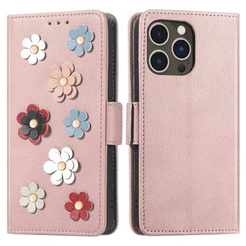Série Flower Decor iPhone 14 Pro Peněženka - Růžové zlato