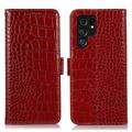 Crocodile Série Samsung Galaxy S23 Ultra 5G Kožené Pouzdro na Peněženku s RFID - Červené