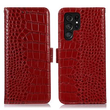 Crocodile Série Samsung Galaxy S23 Ultra 5G Kožené Pouzdro na Peněženku s RFID - Červené