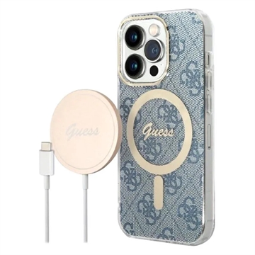 Guess 4G Edition Bundle Pack iPhone 14 Pro Pouzdro & Bezdrátová Nabíječka - Modrý