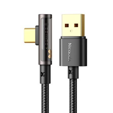 MCDODO CA-3380 MDD 1,2 m datový kabel USB-A na typ C 90 stupňů koleno 6A rychlé nabíjení průhledný kabel