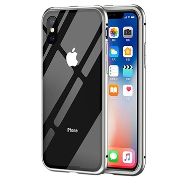 Magnetické pouzdro iPhone X s temperovaným sklem dozadu - šedá