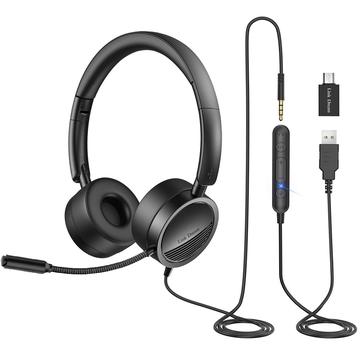 NOVÝ BEE H360 Telefonní náhlavní souprava na uši 3,5 mm / USB Drátový mikrofon s potlačením šumu s mikrofonem pro počítač PC Laptop Stereo