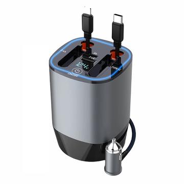 PT-17 PD 100W Car Charger with Retractable Lightning/USB-C Cables, Voltage Display and Air Freshener - Grey