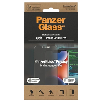 iPhone 13/13 Pro/14 PanzerGlass Ultra-Wide Fit Privacy Ochranné tvrzené sklo EasyAligner – Černá hrana