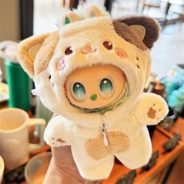 Plush Animal Themed Hooded Jumpsuit for Labubu Doll 17cm - Cat