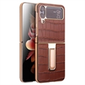 Qialino Croco Samsung Galaxy Z Flip4 Potažené Kožené Pouzdro - Hnědý
