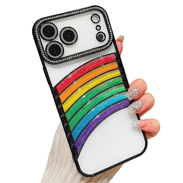 iPhone 17 Pro Rainbow Quicksand Hybrid Case with Rhinestone Camera Decor