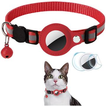 Reflective Pet Collar with AirTag 1/2 Holder and Bell - Cats and Small Dogs - Red