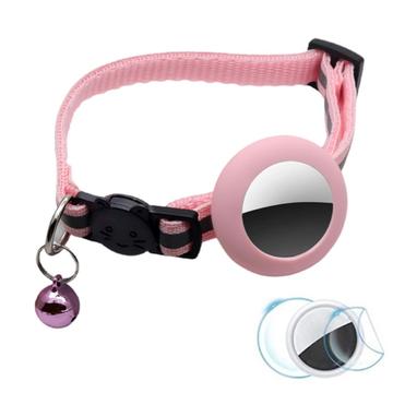 Reflective Pet Collar with Bell, Silicone Case and Protection Film Set for AirTag 1/2 - Pink