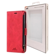 Saii Zipper iPhone 13 Pro Max Wallet Case with Strap - Red