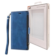 iPhone 14 Plus Saii Zipper Wallet Case with Strap - Blue