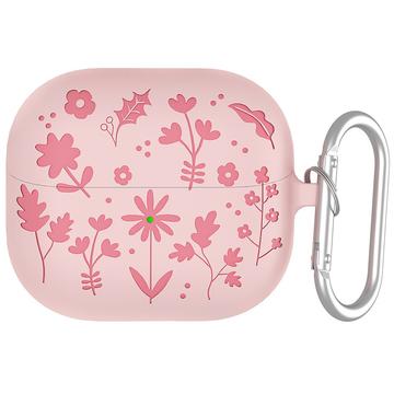 Samsung Galaxy Buds3/Buds3 Pro Flower Pattern Liquid Silicone Case w. Carabiner - Light Pink