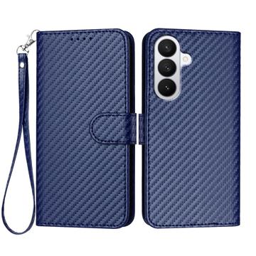 Samsung Galaxy S26 Pro Premium Wallet Case with Strap - Carbon Fiber Texture - Carbon Blue