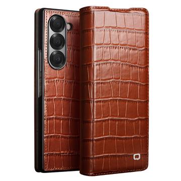 Samsung Galaxy Z Fold6 Qialino Classic Flip Leather Case - Crocodile - Dark Brown