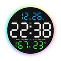 Silent LED Wall Clock with Digital Display and Ambient Light - Black
