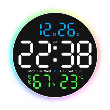 Silent LED Wall Clock with Digital Display and Ambient Light - Black