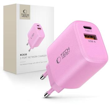 Tech-Protect NCA30 Dual-Port Charger - 30W USB-C PD and 18W USB-A QC3.0 - Baby Pink