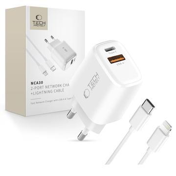 Tech-Protect NCA30 Dual-Port PD 30W/QC3.0 Charger with Lightning Cable - White