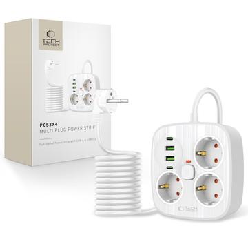 Tech-Protect PCS3X4 Power Strip - 3 AC Outlets, 2 USB-A & 2 USB-C Ports, 2m Cable - White