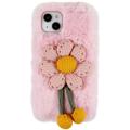 3D Plush Chlupatá Zima iPhone 14 Plus TPU Pouzdro - Růžový Květ