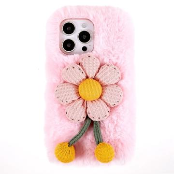 3D Plush Chlupatá zima iPhone 14 Pro Max TPU Pouzdro - Růžový Květ