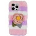 3D Plush Chlupatá zima iPhone 14 Pro TPU Pouzdro - růžová růže