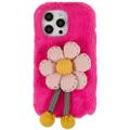 3D Plush Chlupatá zima iPhone 14 Pro TPU Pouzdro - Horký růžový květ
