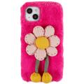 3D Plush Chlupatá zima iPhone 14 TPU Pouzdro - Horký růžový květ
