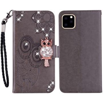 iPhone 14 Pro Max Owl Rhinestone Wallet Case - Grey